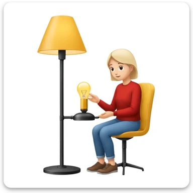 eine Person sitzt unter einer Lampe, die sie direkt anstrahlt, Lichtkegel deutlich, minimalistisch sticker