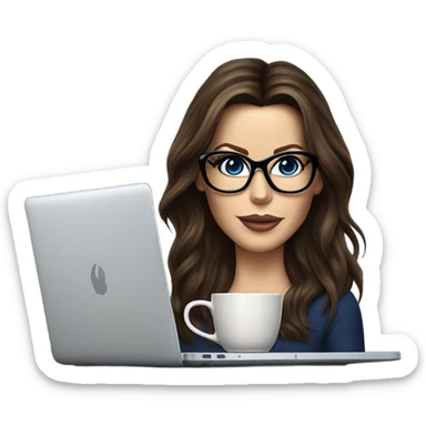 Hyper Realistic Kate Beckinsale dark blue eyes wearing glasses drinking coffee at a laptop  sticker