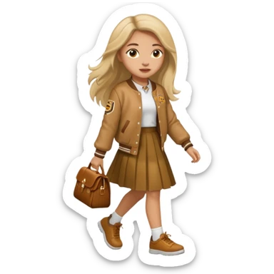 black color, light skin  long hair girl with brown varsity jacket and long skirt walking  sticker