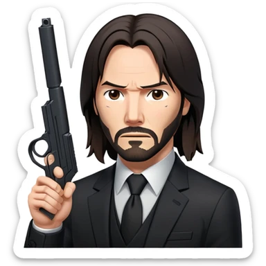 John Wick in black suit with long hair, determined expression, holding a gun sticker