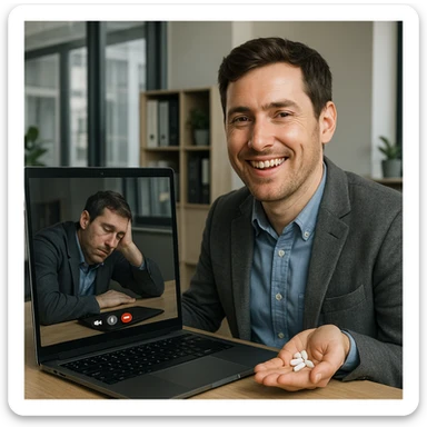 Man in his mid-30s, video call, pretending to be happy, hand under desk with caffeine pills, screen reflection shows collapsed posture, virtual avatar upright, hyperrealistic 4K, office setting sticker