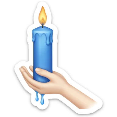 A blue candle held by a hand only not a person, at 45 degree angle, wax dripping down sticker