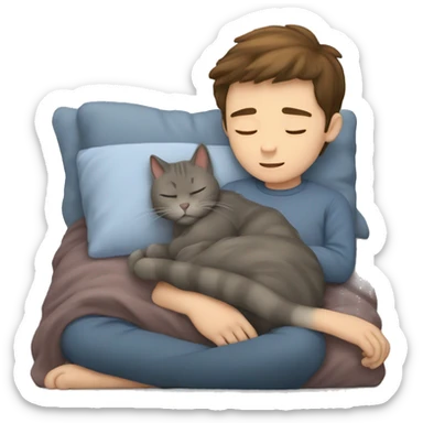 Grey cat taking a nap with a boy who has brown hair sticker