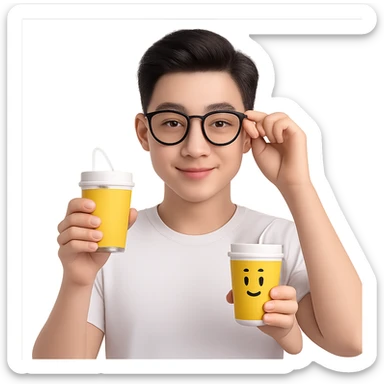 Change to a different, stylish hairstyle for a young and handsome Asian man with black coffee colored hair, wearing a white T-shirt, black framed glasses, holding glasses, very smart. Keep the 3D emoji style look but use the general editor as 3D emoji style does not support editing. Remove background. sticker