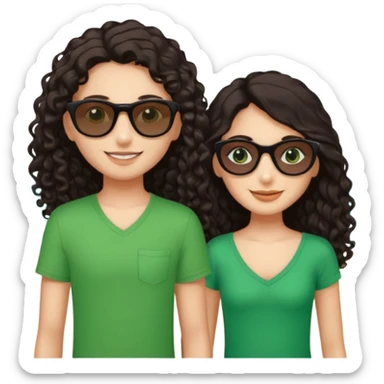 Two besties on the beach, black sunglasses, 1: long ironed straight darkbrown hair, green eyes, 2: long curly darkbrown hair, brown eyes  sticker