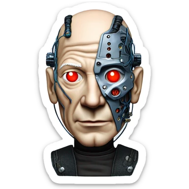 Jean luc picard from Star Trek assimilated by the Borg, with mechanical metal covering the left side of his face, with wires and a red light on the left side. Both his eyes are blue. sticker