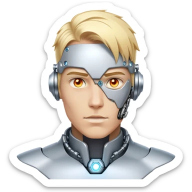 Cyborg male with blond hair, partly mechanical face, glowing eyes, white tech collar sticker