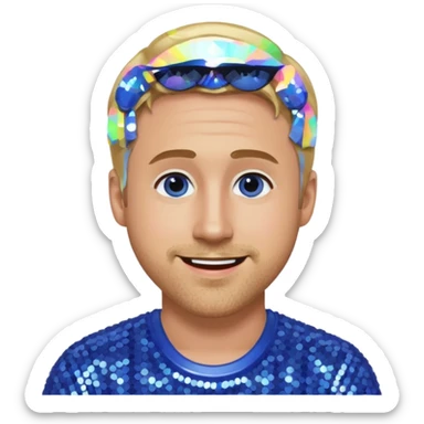 Ryan Gosling with blonde hair, periwinkle sequin outfit sticker