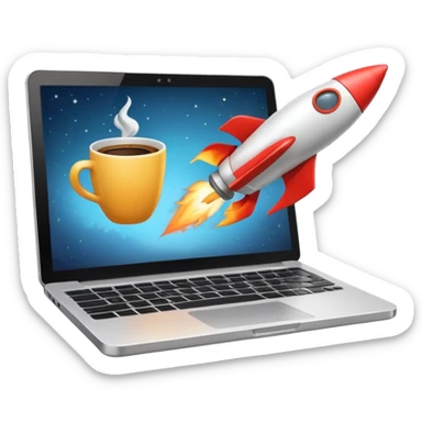 rocket blasting off from a workspace with a laptop and coffee cup, representing a startup launch, clean modern emoji style sticker