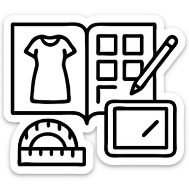 Minimalist vector icon representing fashion design management: an overhead view of a stylized open tech pack document showing a garment sketch, alongside a color swatch grid, a digital tablet with a pen, and a measuring tape curved into the shape of a semicircle. Use clean lines, soft neutral tones with one pop of color (like coral or teal), and geometric shapes. The icon should convey precision, creativity, and fashion process in a modern, professional style. Designed to be easily recognizable at small sizes. Yellow & black theme sticker