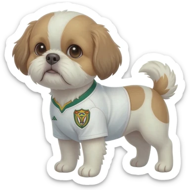 white and light brown shih zhu wearing a South Africa soccer jersey v neck 2026 work cup sticker