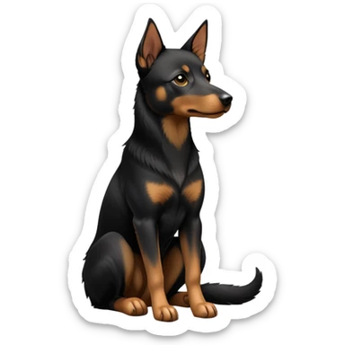 cinematic-[australian kelpie]-realistic-full-body-sitting-emoji,-tail-resting-loosely-beside-its-paws,-head-tilted-dramatically, -sleek-[Black and tan]-fur,-simplified-yet-realistic-focused-features,-highly-detailed,-glowing-with-an-almost-sarcastic-glow sticker