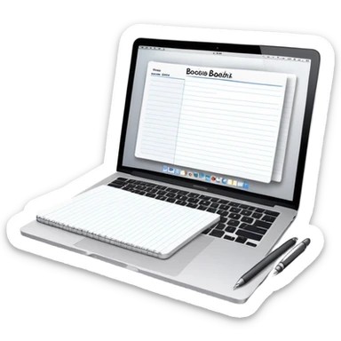 online booking system on MacBook screen beside a classic paper notebook and pen sticker