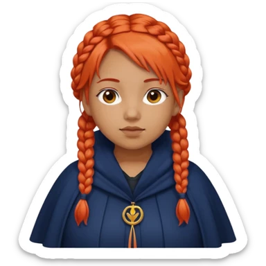 red orange braids hair girl, tan skin, fat, wear navy cloak sticker
