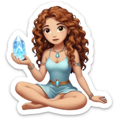 full body woman long curly brown hair brown eyes white skin tattoos sitting inside crystal cave opening, touching glowing quartz sticker