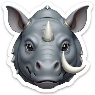 Cinematic Noble Rhinoceros Portrait Emoji, Poised and regal, with a massive, powerful build and a thick, armored hide of slate gray, accented by a prominent, striking white horn, deep-set soulful piercing eyes, Simplified yet sharp and sophisticated features, highly detailed, glowing with a soft, dignified glow, high shine, intelligent and formidable, stylized with an air of ancient might, focused and attentive, soft glowing outline, capturing the essence of a watchful and commanding behemoth, so majestic it feels as though it could charge out of the screen with effortless authority! sticker