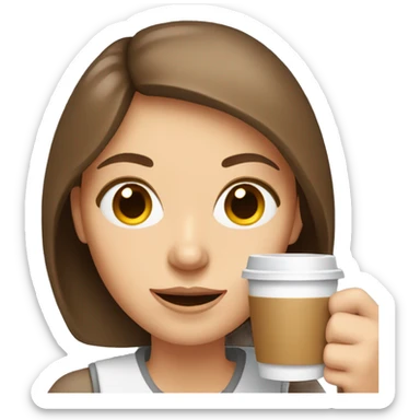 White woman with brown hair and grey eyes holding a coffee cup sticker