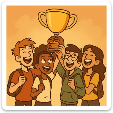 four students lifting a trophy, warm atmosphere, modern cartoon style, warm colors sticker