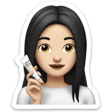white girl with black hair applying cream on face sticker