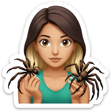 Attractive and athletic Mexican woman in her 20s with dark brown hair with a blonde ends, with a tarantula sticker