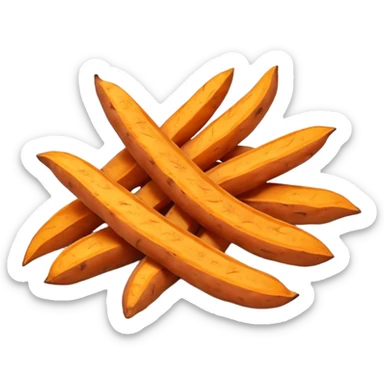 sweet potato fries, two or three, thick-cut, orange interior, golden-brown edges, natural baked or fried texture, gentle curves, rustic, warm, crispy outside, soft inside, no plate or dip, no faces, clean 3D, soft shadows, transparent background, emoji scale sticker