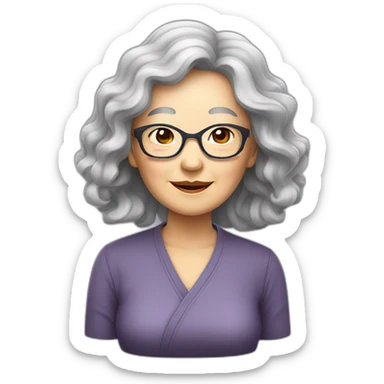 Chinese senior lady with long wavy hair wear colour top wear glasses sticker