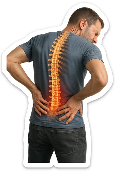 uomo con spina dorsale anatomica visibile che si massaggia la schiena perché gli fa male, iperrealistico 4k sticker