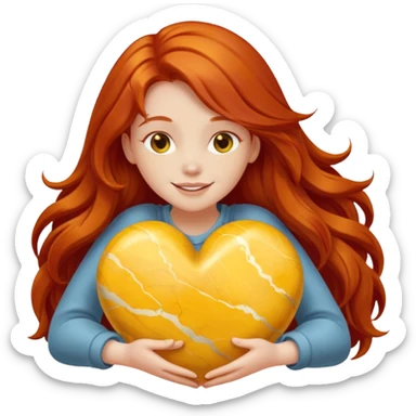 Happy long haired redhead hugging big yellow marble sticker
