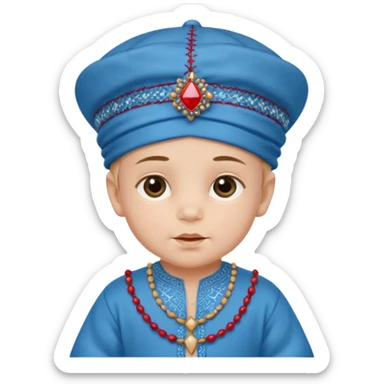  baby boy dressed in a blue ghalibiya with delicate decorations with a red Moracain hat  sticker