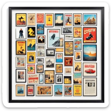 Icon for Photograph and Poster Collecting: a collection of photographs and movie posters, neatly displayed on a wall or in frames. The icon should evoke the nostalgia and artistic value of collecting rare images and posters. Transparent background. sticker