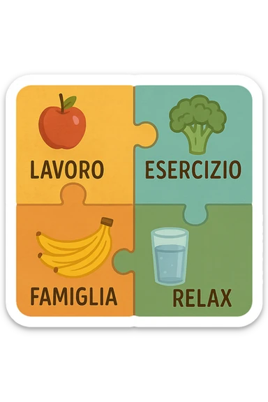 Puzzle (Lavoro, Esercizio, Famiglia, Relax), and healthy foods are integrated into each piece. in italiano sticker