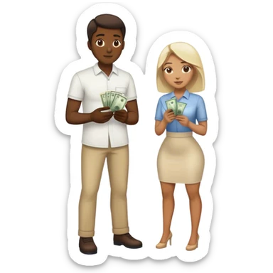 Man on knees woman standing handing her money sticker