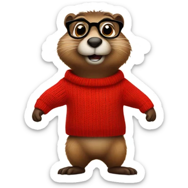 groundhog in a red sweater and glasses hands on side sticker