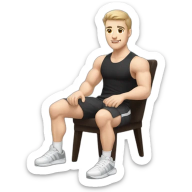 Pale skinned Fit Man With the biceps and dark brown hair in black shirt, gray sports shorts and white Sneakers Sitting on a chair sticker