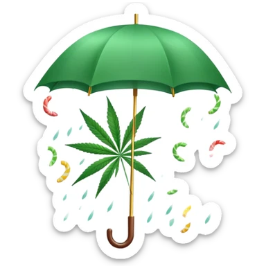 Candy raining from the sky with an umbrella and a cannabis leaf sticker