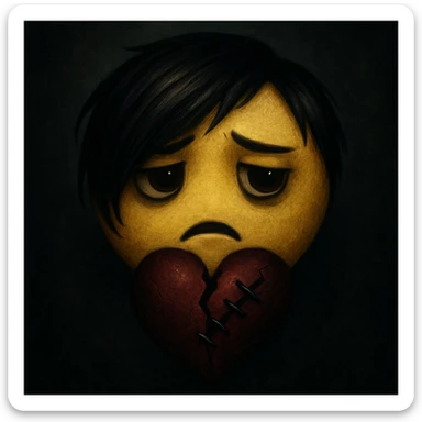 emo emoji, black and deep red heart, stitched, broken or cracked, moody atmosphere sticker