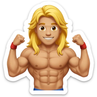 muscled happy guy flexing, long yellow hair sticker