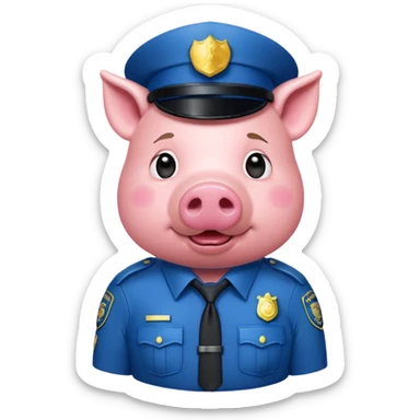 a pig, upright, in a police officer uniform, drooling and looking to the bottom left sticker