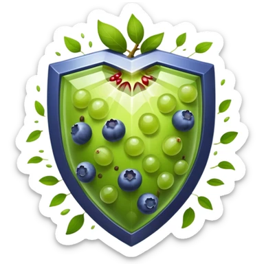 Antioxidant-rich foods (blueberries, pomegranate, grapes, dark chocolate, green tea) surrounded by a powerful, bright protective shield. The shield emits intense rays that destroy dark particles of free radicals, creating a strong protective barrier around body cells. sticker