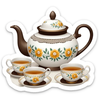 White floral tea set on a lace tablecloth  sticker
