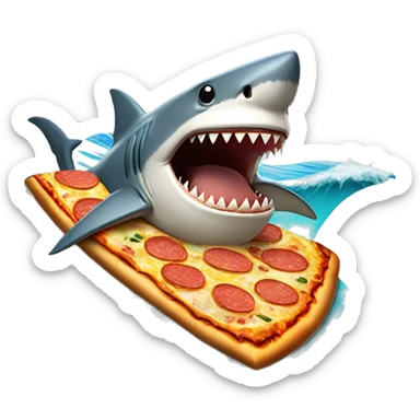 shark riding surf board eating a pizza on a wave sticker