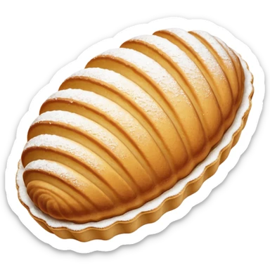 A madeleine pastry. Oval shaped with four to five vertical lines going in the same direction. Scalloped seashell shape. Light golden brown. Scalloped edge. Cookie. Flat. sticker