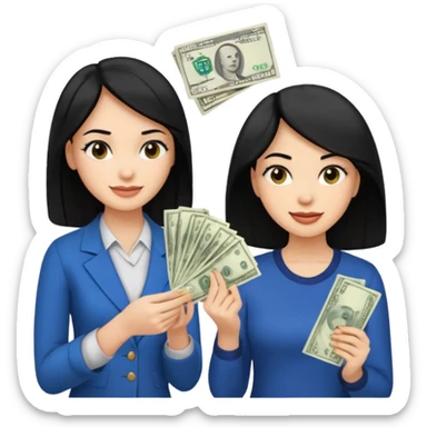 Chica cabello negro, en el marketing digital, que esté preocupada por facturas y otra que esté alegre de ganar dinero  sticker