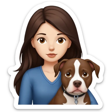 girl with dark brown long hair with her pitbull dog brown and white sticker