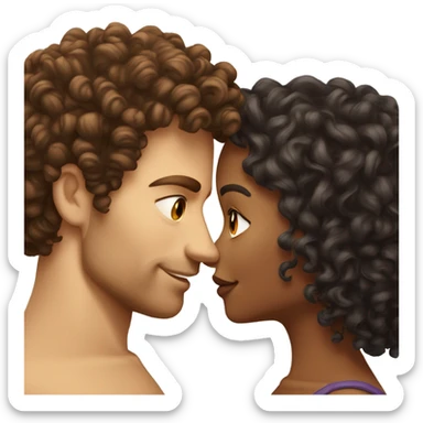 Tanned complexion woman with curly hair and white man with dark brown hair kissing  sticker