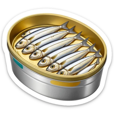 open oval tin showing tightly packed whole sardines in shiny silver skin, slightly overlapping and nestled in golden oil or tomato sauce, clean outlines, glossy preserved texture, no fork, garnish, or label, just the open tin and contents, soft lighting, subtle shadows, emoji scale sticker
