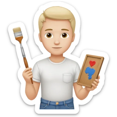 the white artist stands with his back to the painting, painting a portrait sticker