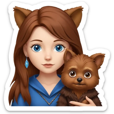 long hair chestnut color blue eyes woman holding small pointy ear ewok dog sticker