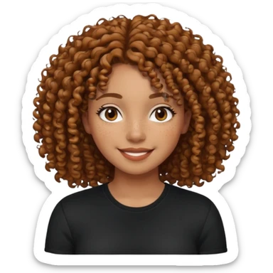 iPhone-style avatar icon of a female with curly hair, medium brown skin, freckles, black shirt, soft and approachable sticker