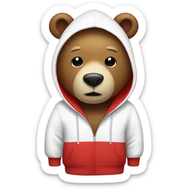 Stuffed bear wearing a hoodie. Top half with the hood is red and the bottom half is white.  sticker